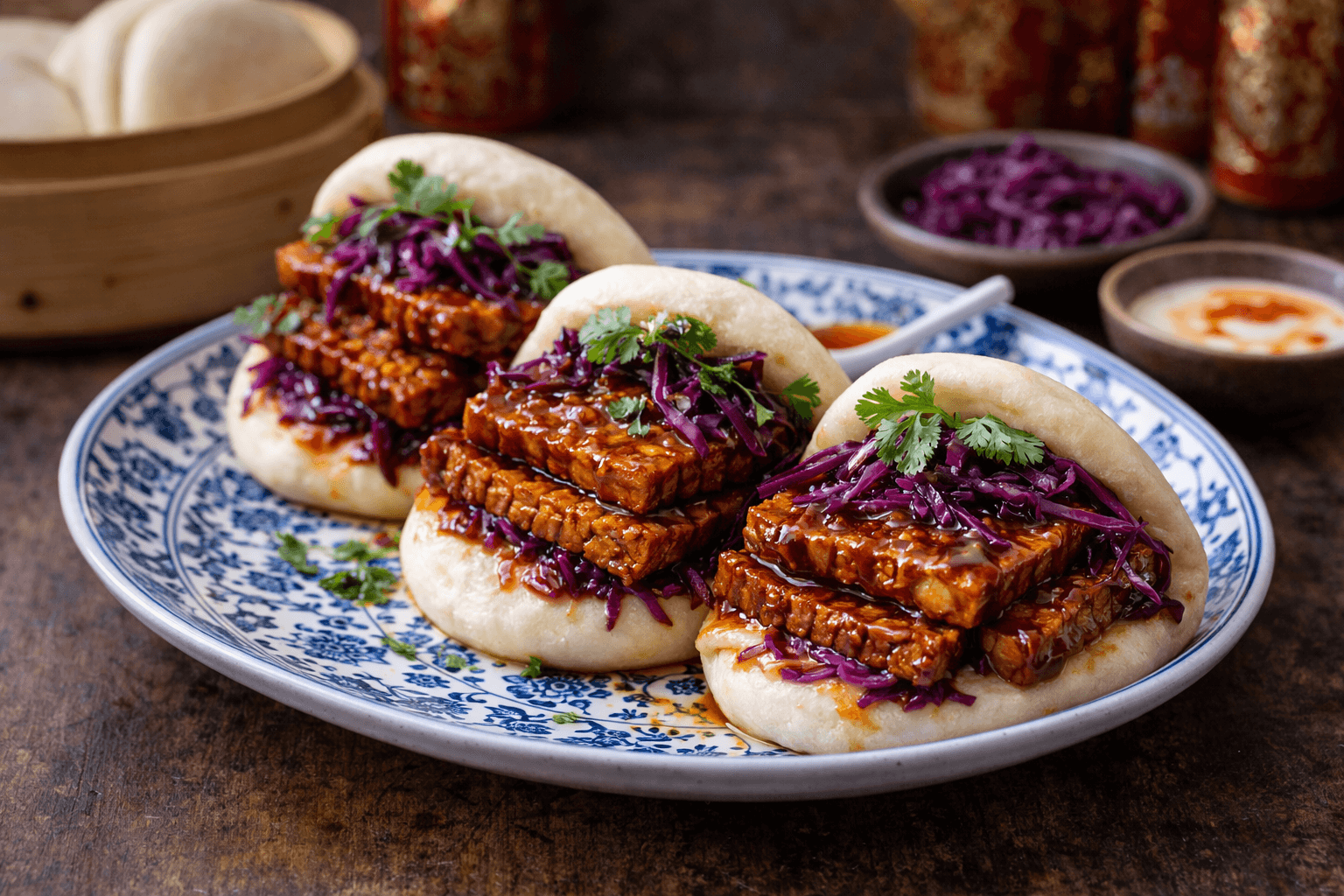 Bao buns con tempeh glassato e cavolo marinato