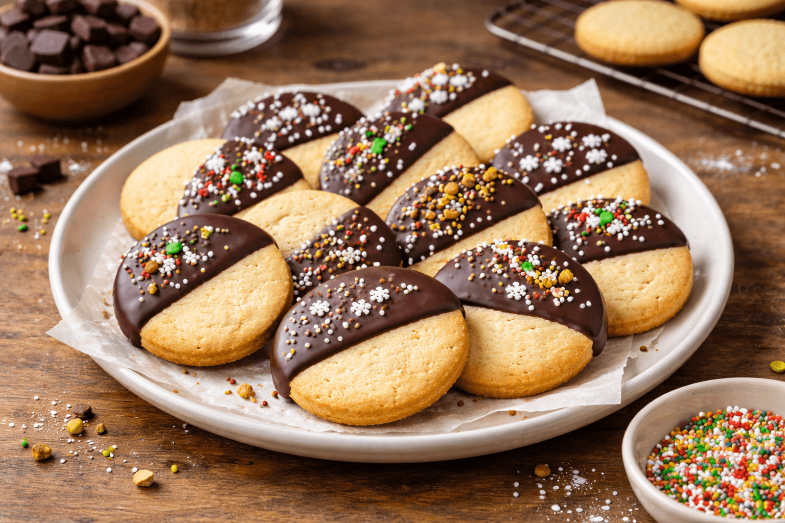 Biscotti di Natale ricoperti di cioccolato fondente