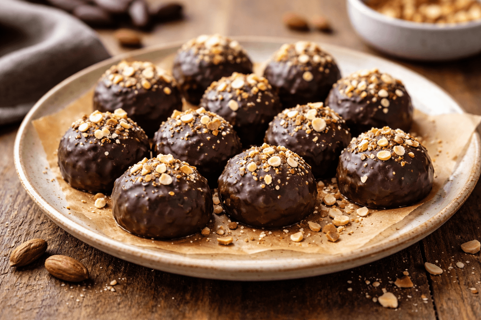 Bon bon croccanti di tempeh al cioccolato e mandorle