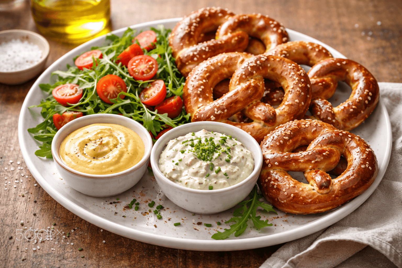 Brezel croccanti con due salse e insalata fresca