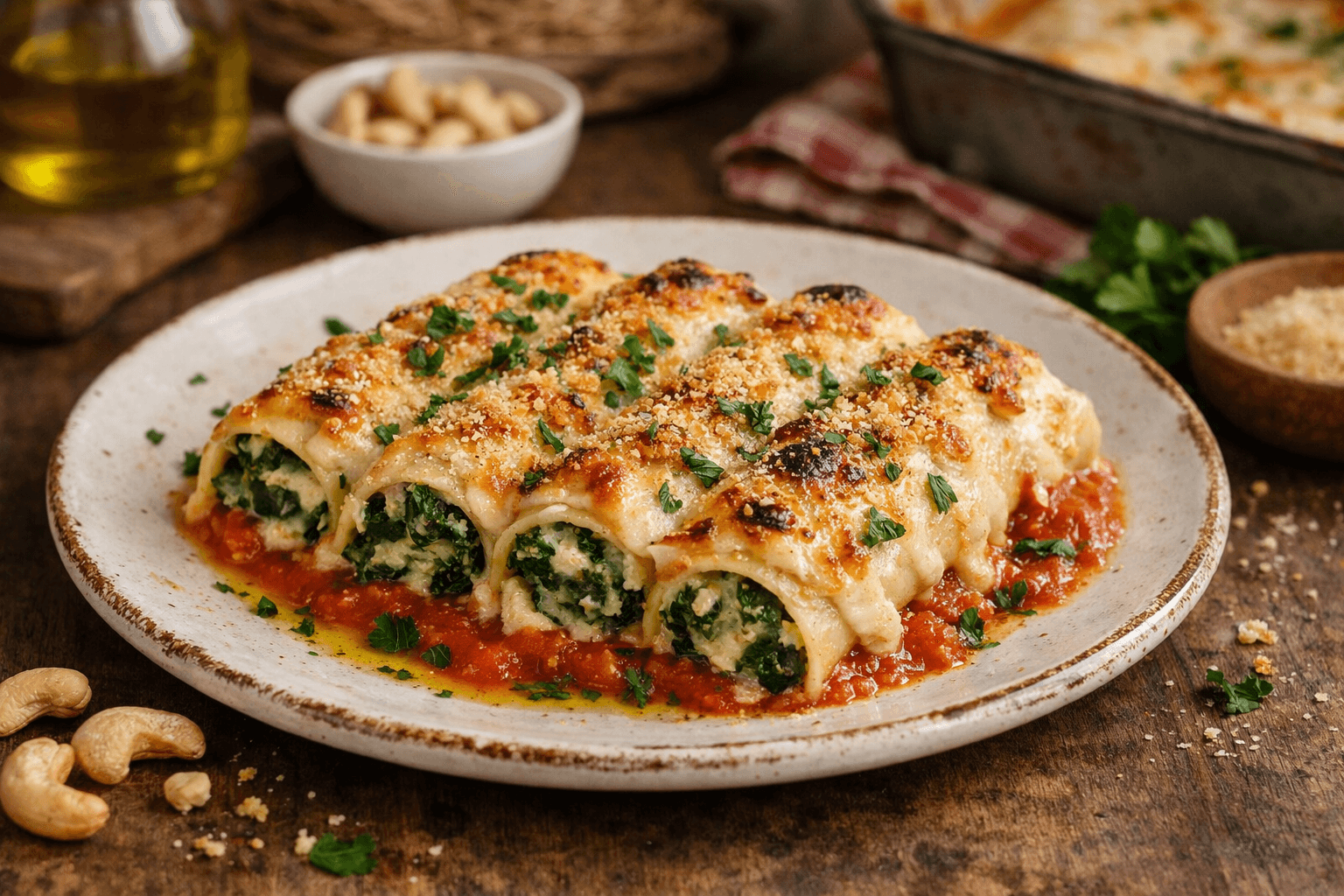 Cannelloni ripieni di spinaci e crema di anacardi al forno