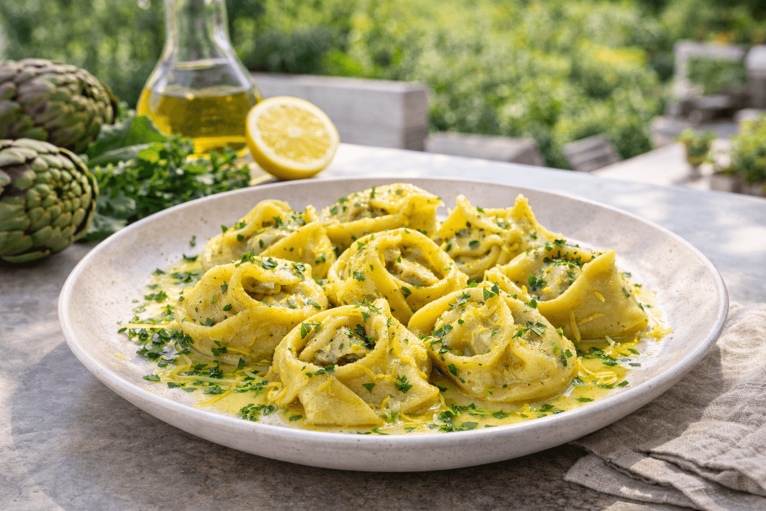 Cappellacci ripieni di carciofi con salsa al limone e prezzemolo