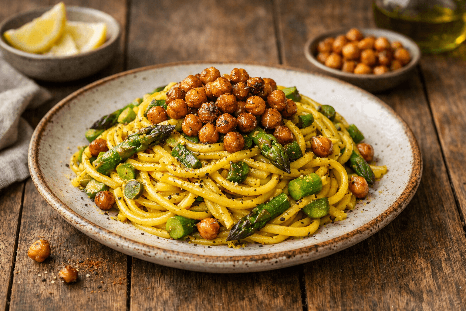 Carbonara di asparagi e curcuma con croccante di ceci