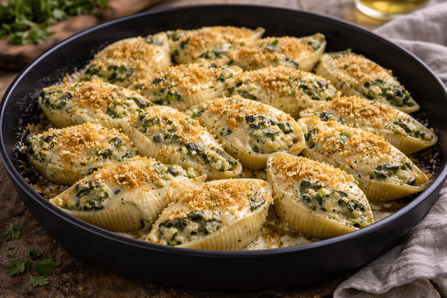 Conchiglioni ripieni di crema di ceci e spinaci gratinati