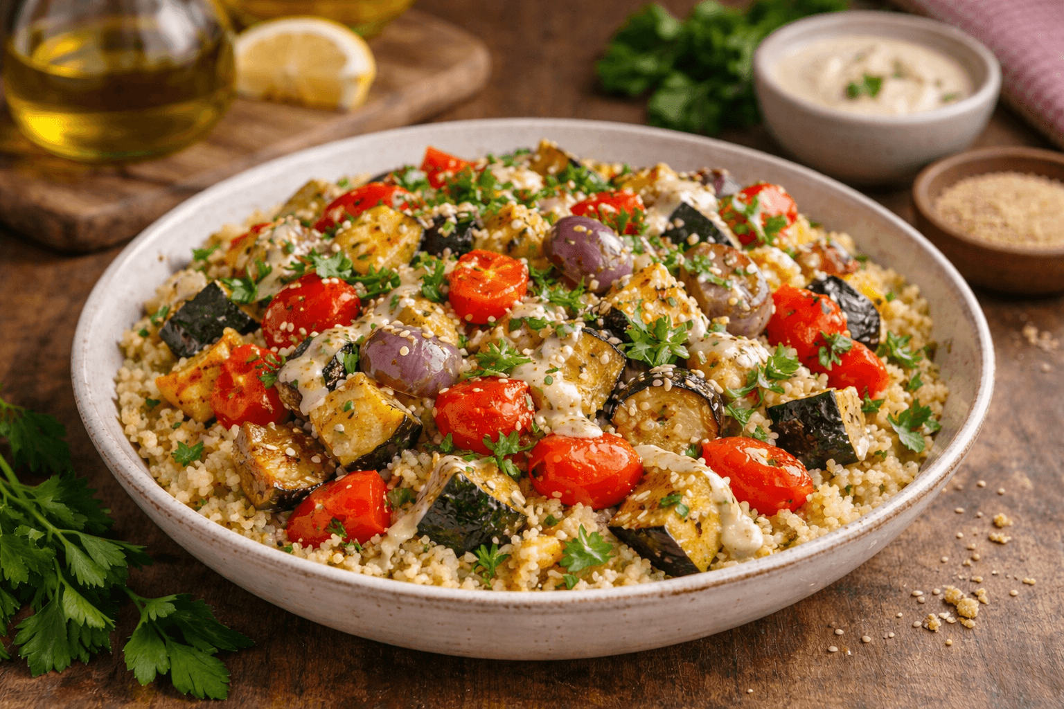 Cous-cous con verdure al forno e crema di tahina al limone