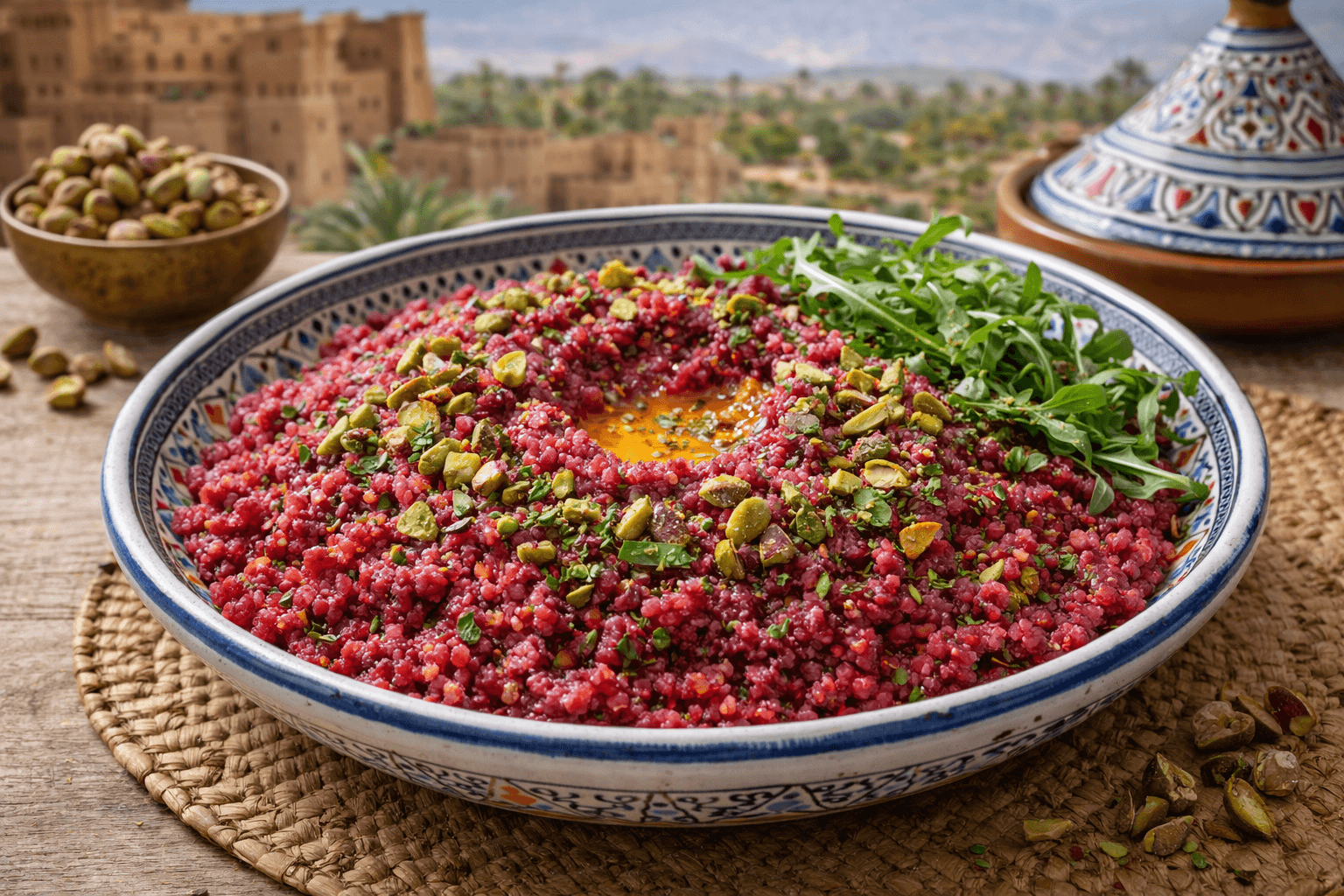 Cous-cous integrale con crema di barbabietola e pistacchi tostati