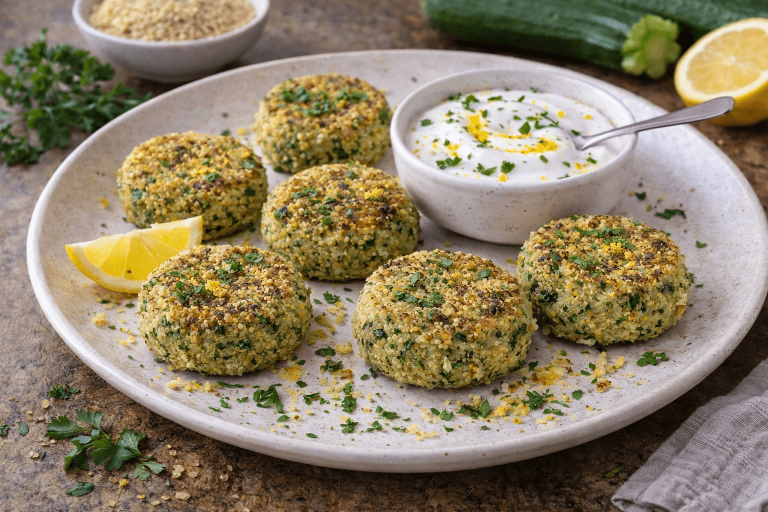 Crocchette di quinoa e zucchine con salsa di yogurt e limone