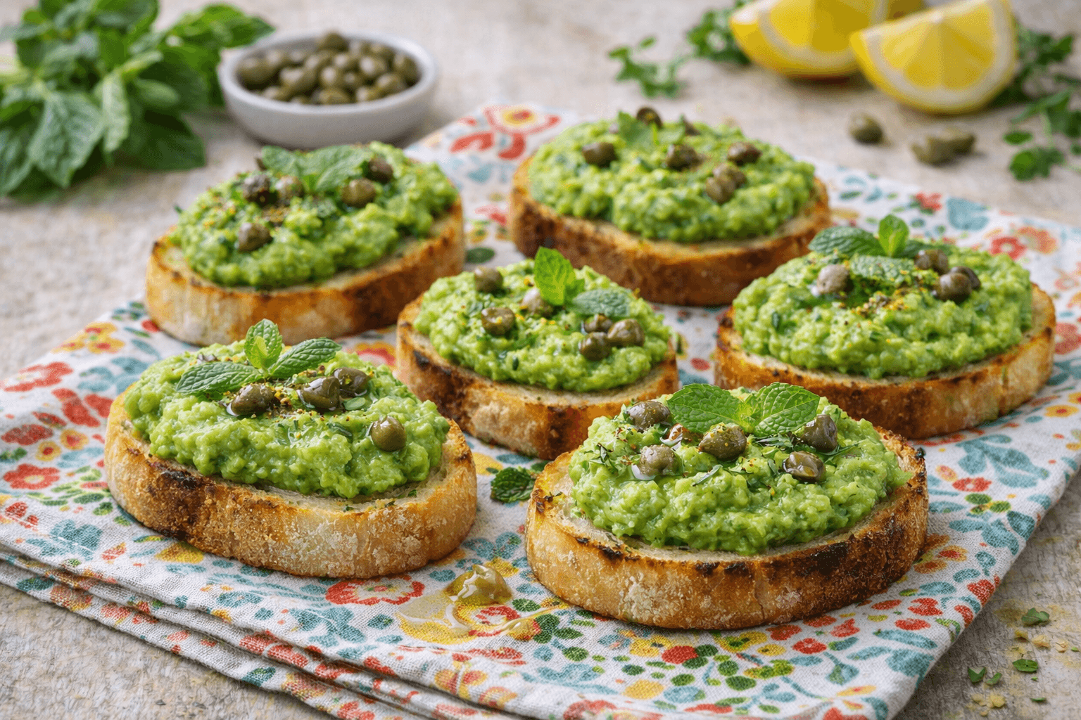 Crostini con crema di piselli e menta