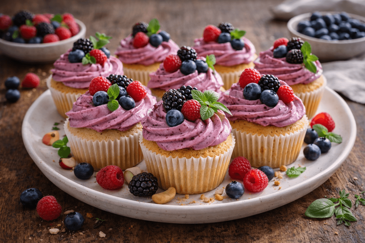 Cupcake alla vaniglia con frosting ai frutti di bosco