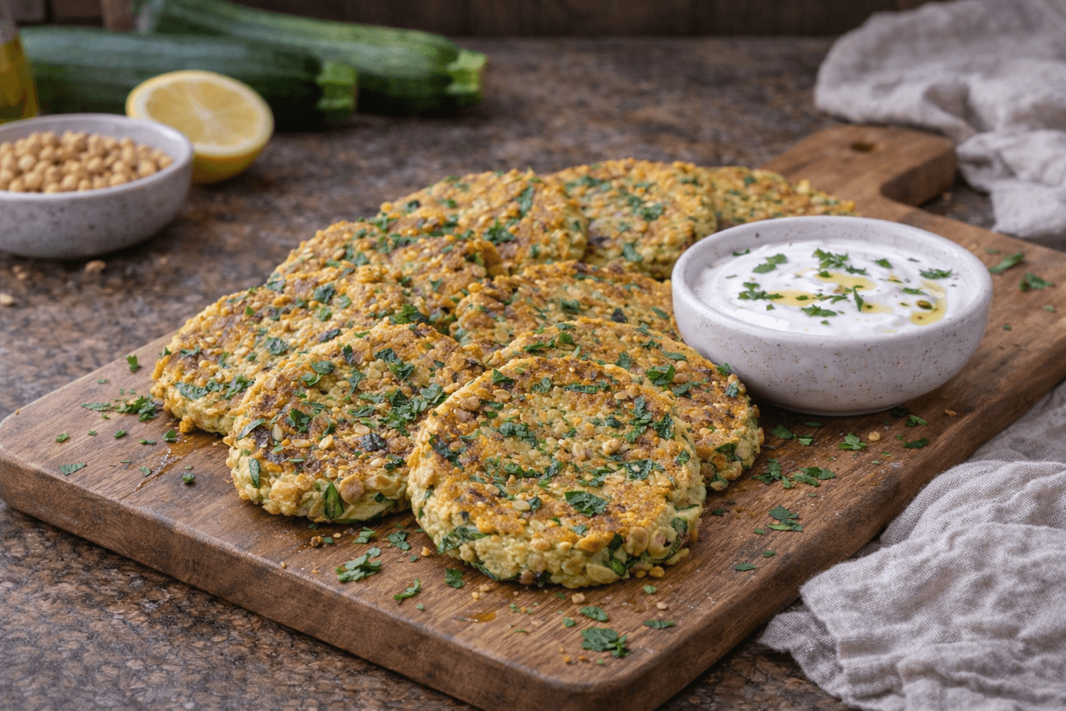 Frittelle di ceci e zucchine con salsa allo yogurt di cocco