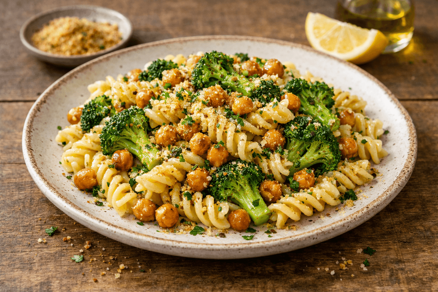 Fusilli con broccoli e ceci al limone