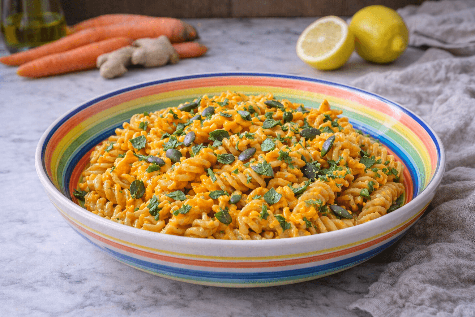 Fusilli integrali con crema di carote e zenzero