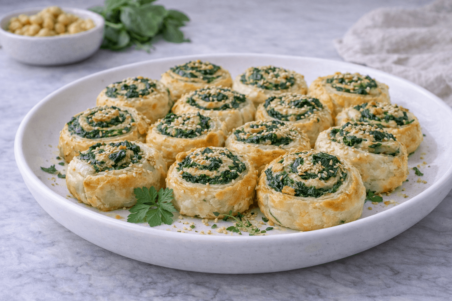 Girelle di pasta sfoglia agli spinaci e semi di sesamo