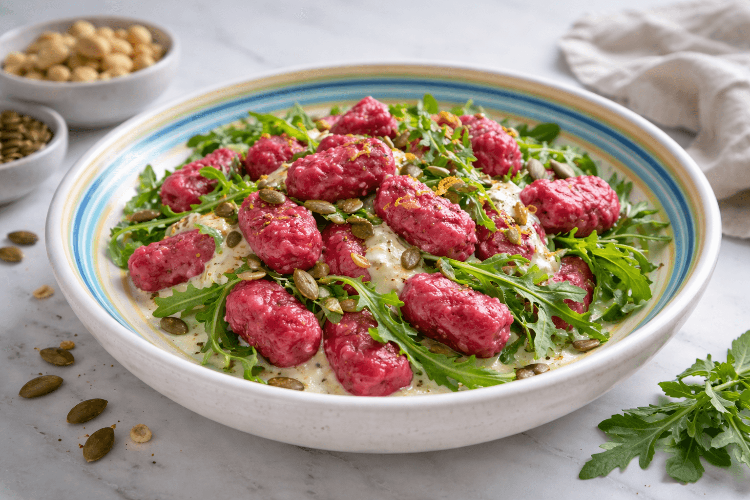 Gnocchi di barbabietola con crema di anacardi e rucola fresca