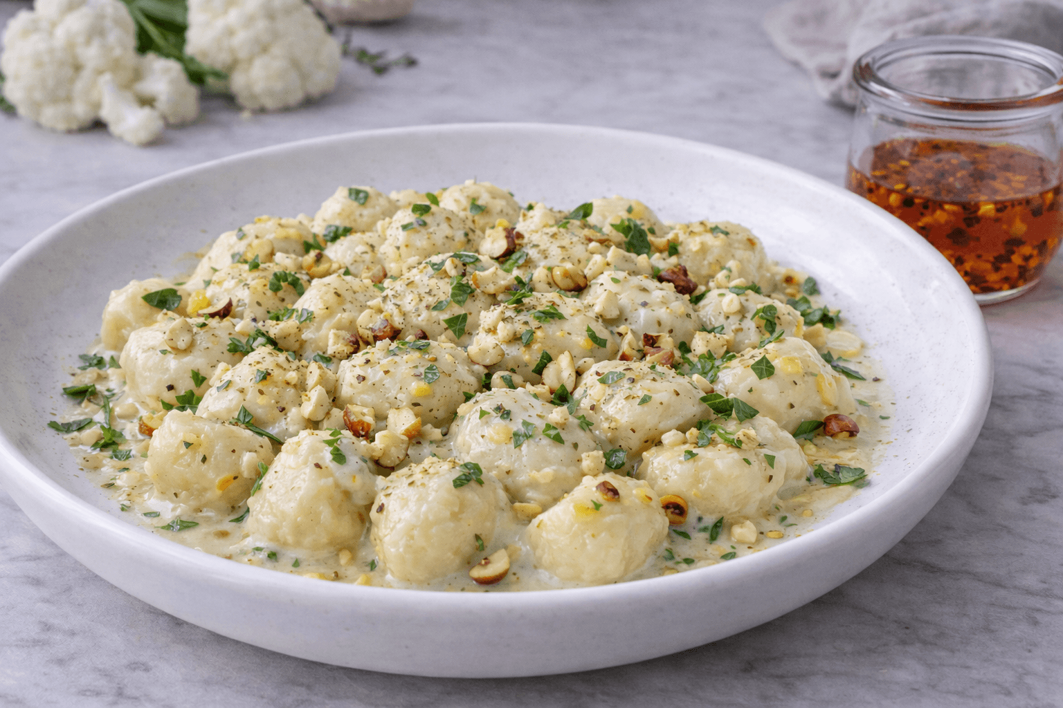 Gnocchi di patate con crema di cavolfiore e nocciole