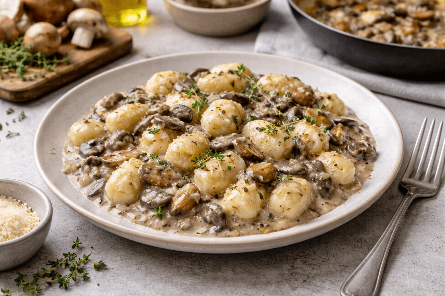 Gnocchi di patate con crema di funghi e timo fresco