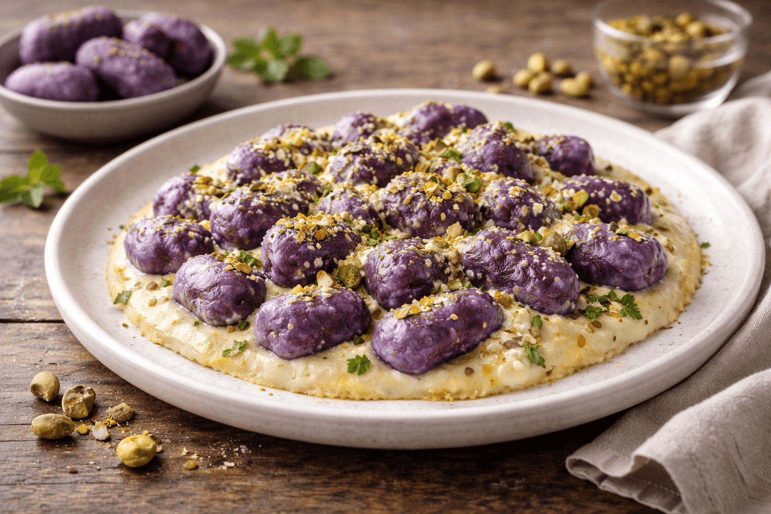 Gnocchi di patate viola con crema di cavolfiore e granella di pistacchi