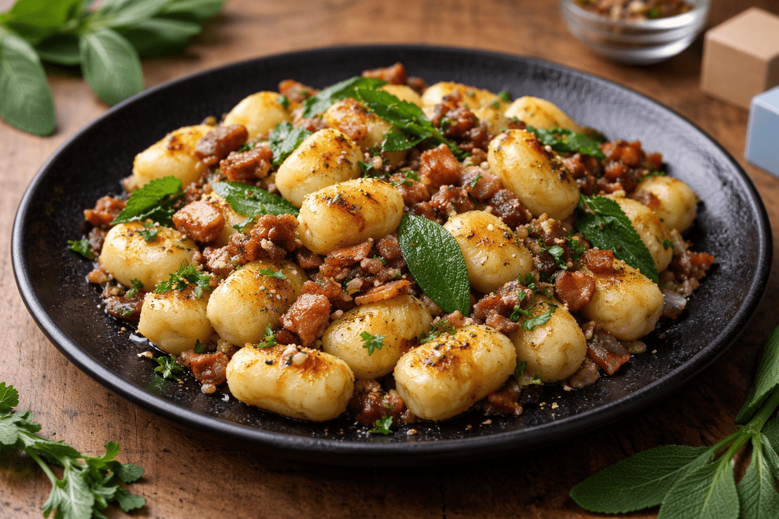 Gnocchi di patate fatti in casa con pancetta vegana croccante