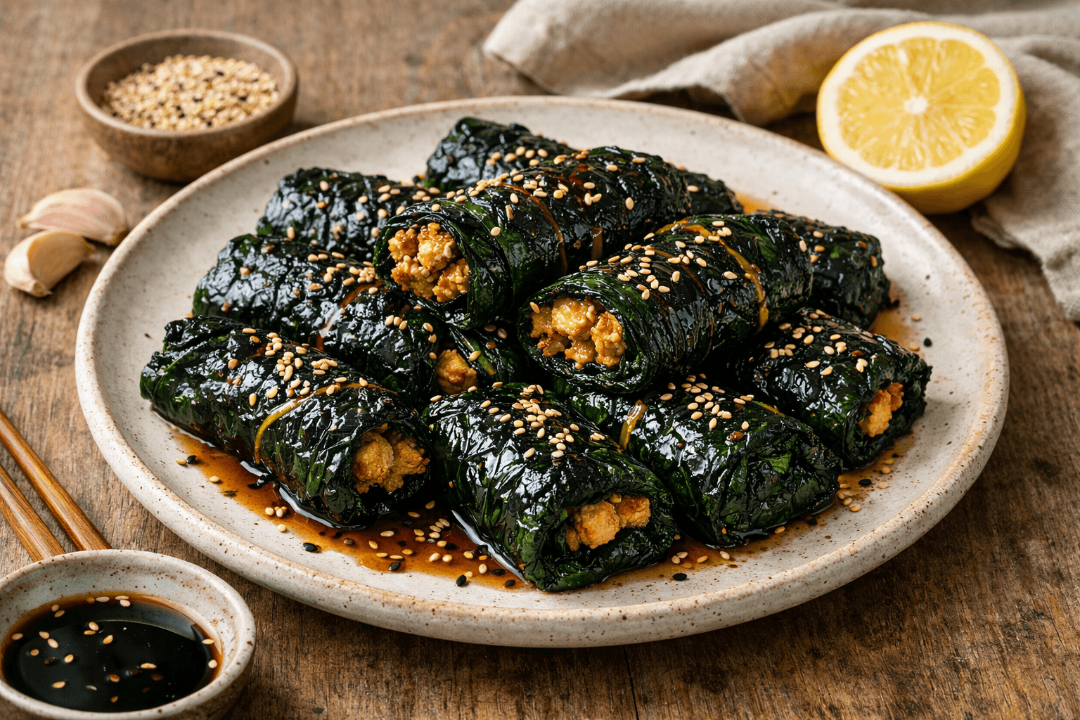 Involtini di cavolo nero con tofu marinato, salsa di soia e semi di sesamo