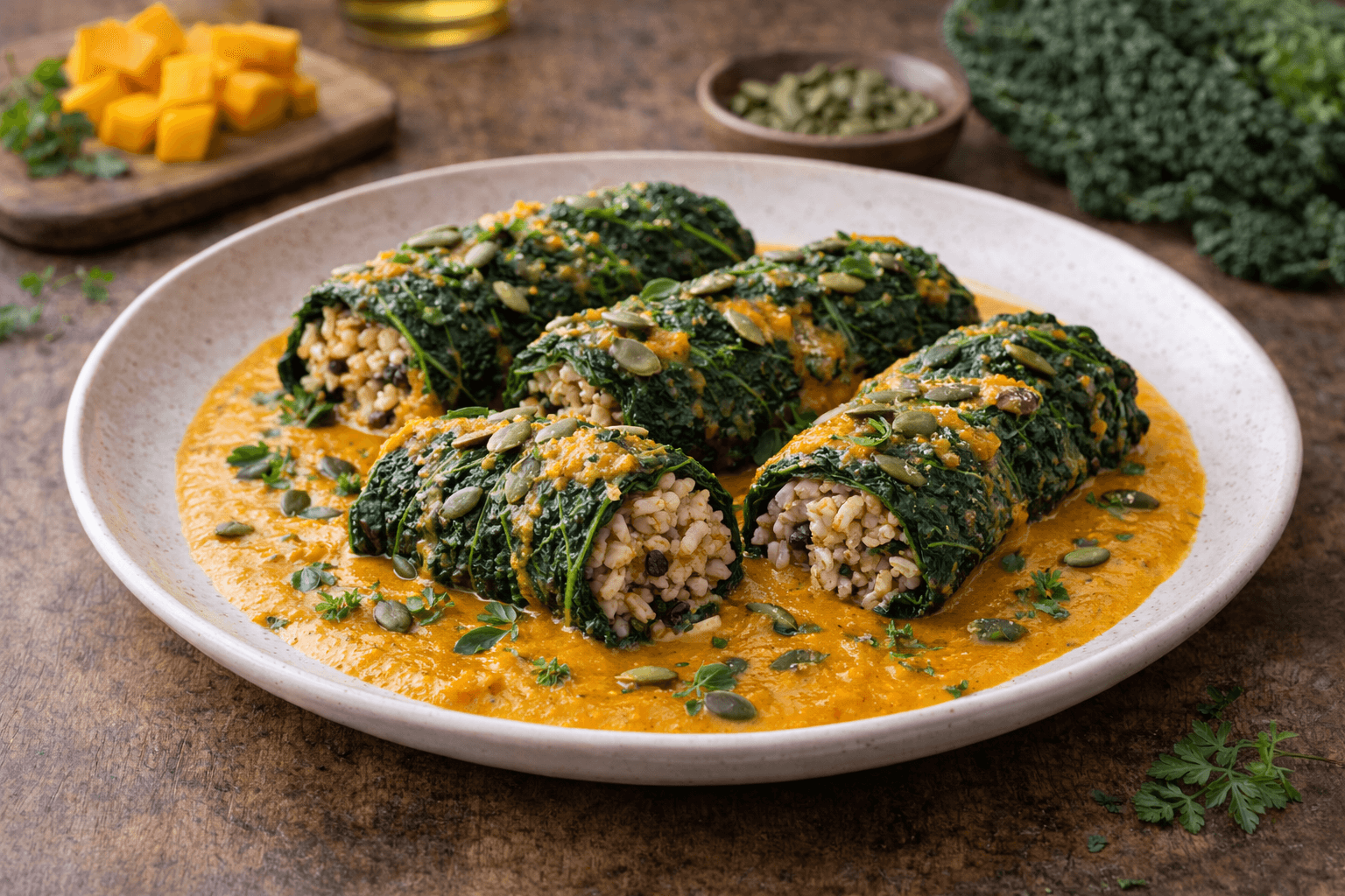 Involtini di cavolo nero ripieni di riso integrale e crema di zucca