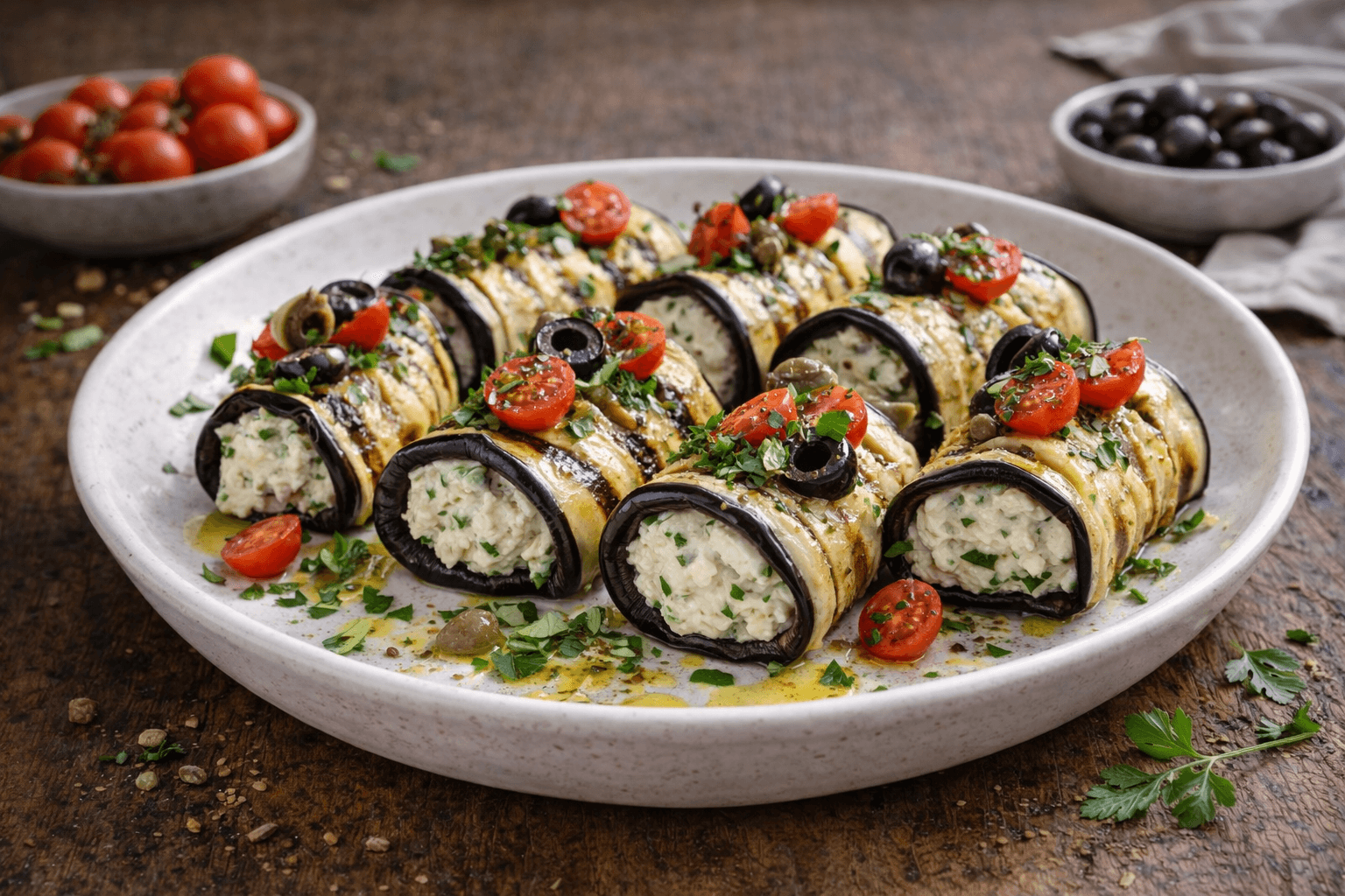 Involtini di melanzane grigliate con crema di tofu e erbe aromatiche