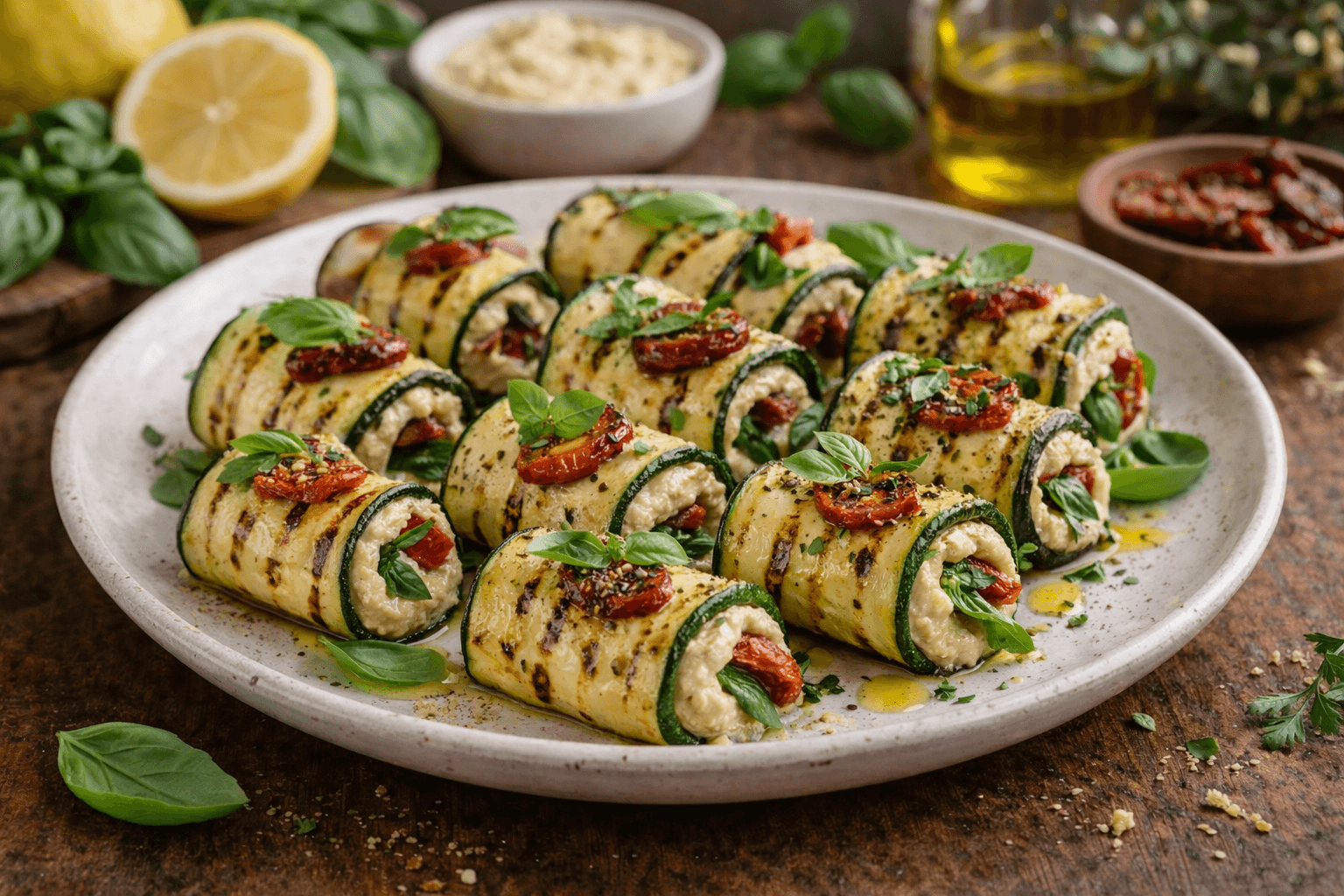 Involtini di zucchine grigliate con hummus e pomodorini secchi