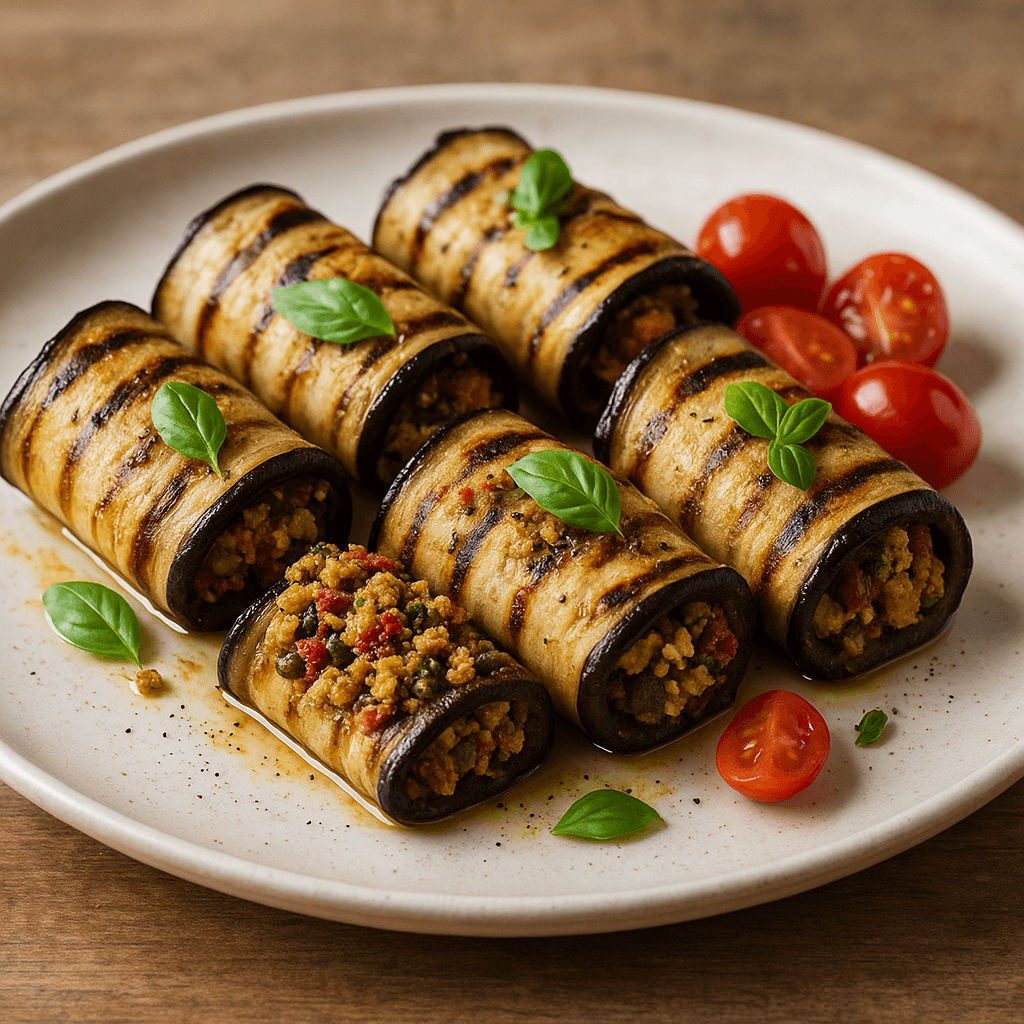 Involtini di melanzane grigliate con tofu affumicato e pomodori secchi