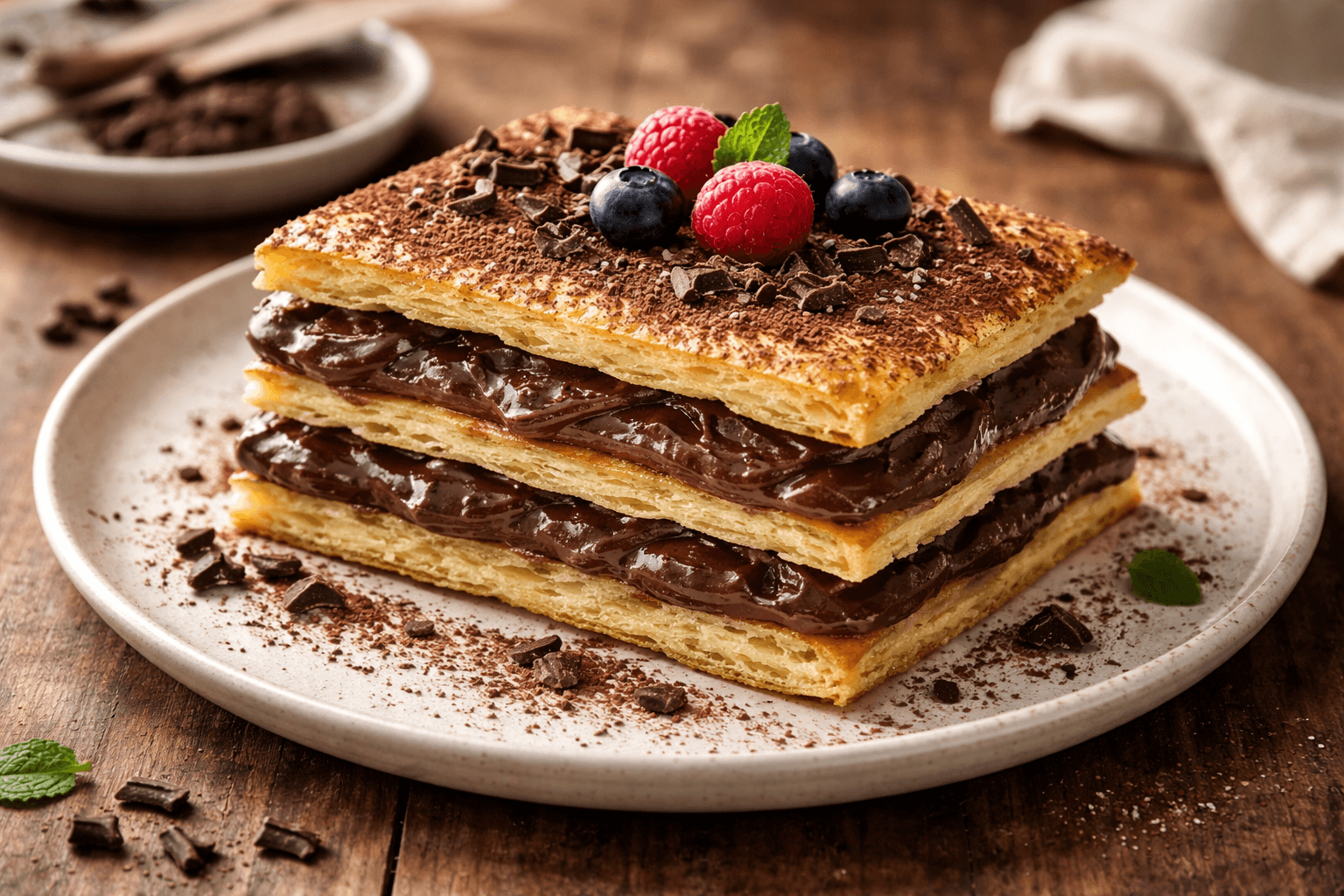 Millefoglie con cioccolato e frutti di bosco