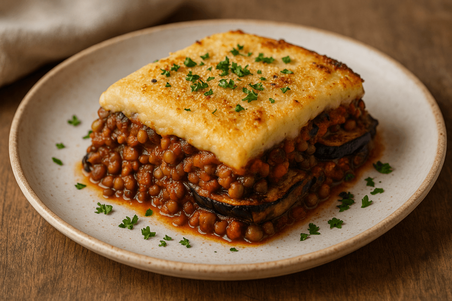 Moussaka Vegana con Lenticchie e Besciamella di Soia