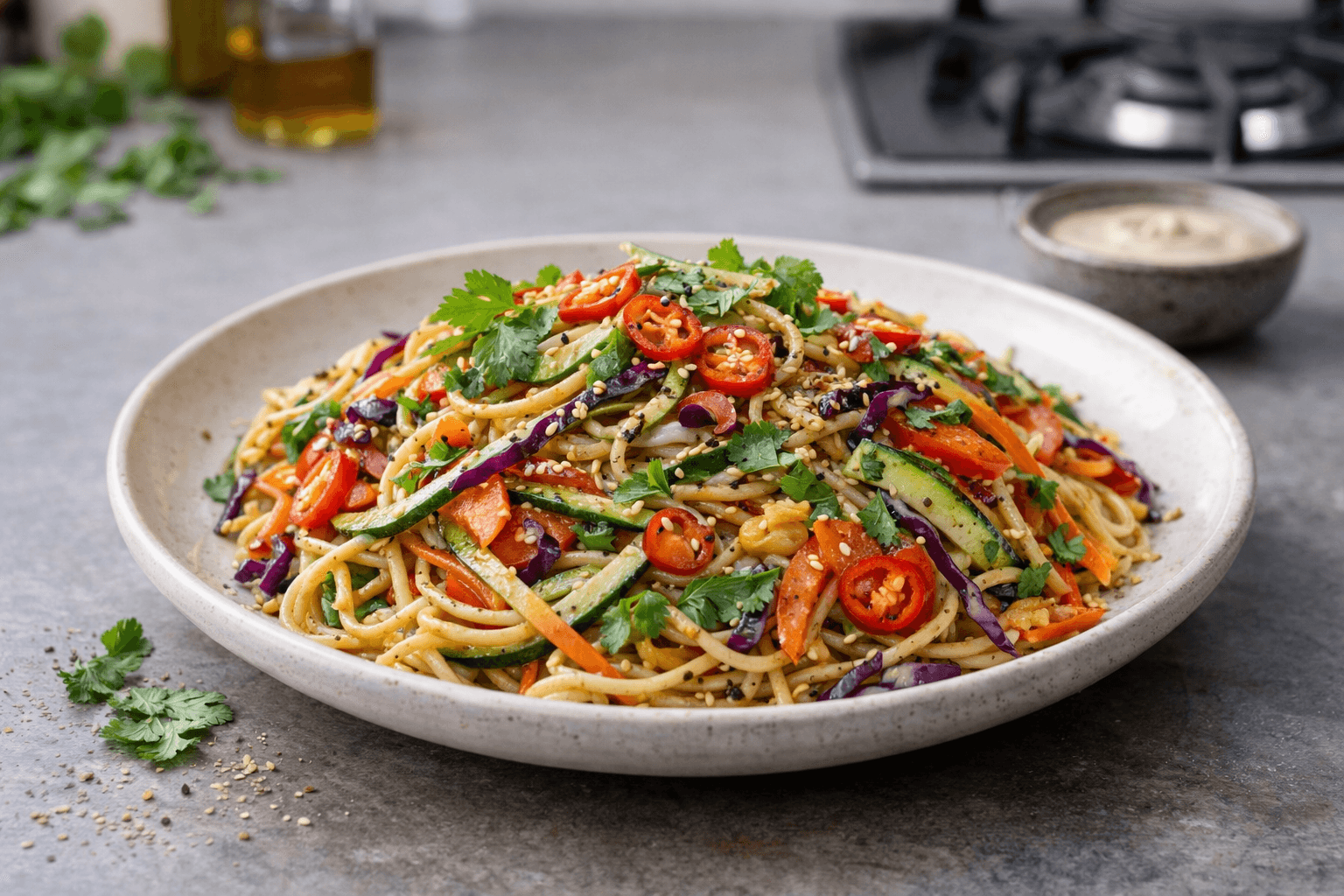 Noodles con verdure croccanti e salsa al sesamo