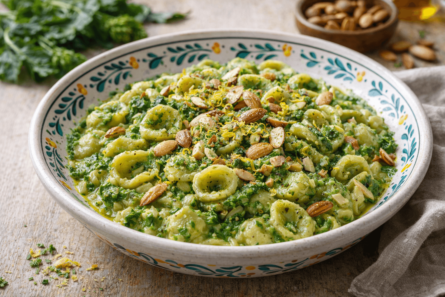 Orecchiette con crema di cime di rapa e mandorle tostate