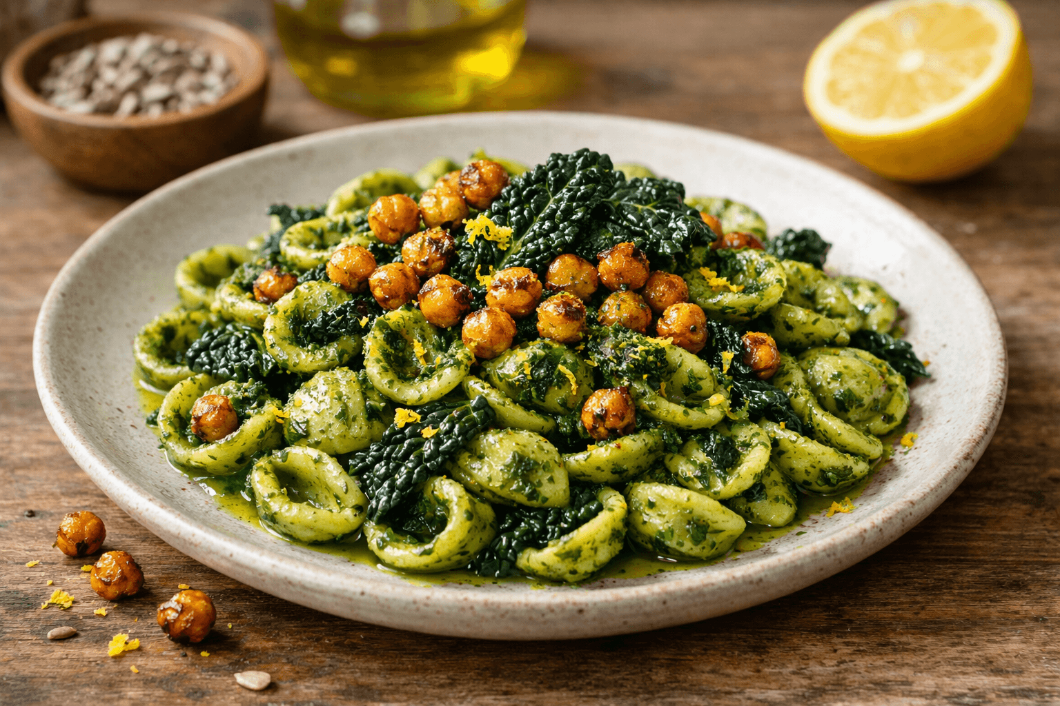 Orecchiette con pesto di cavolo nero e ceci croccanti
