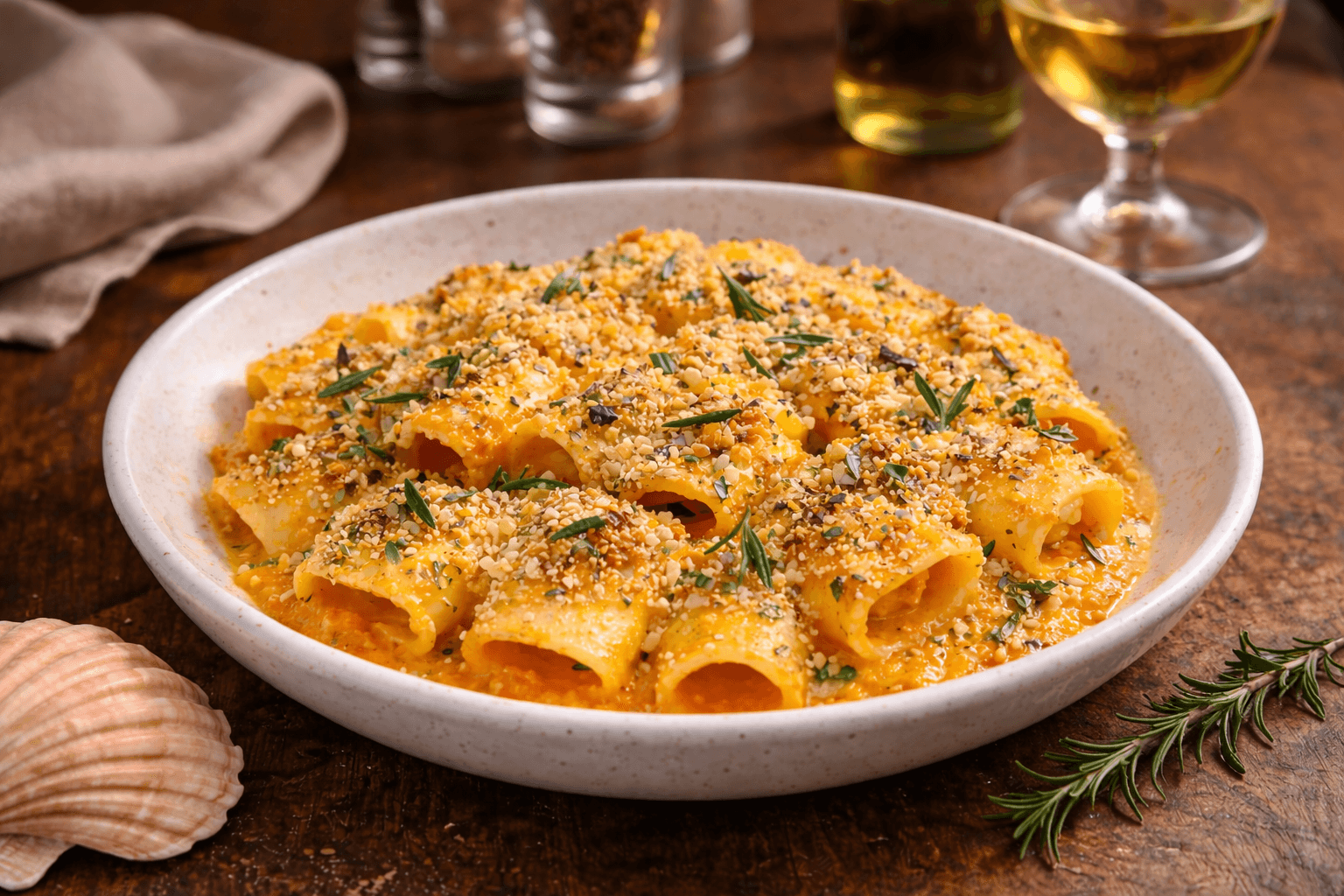 Paccheri gratinati con crema di carote e rosmarino