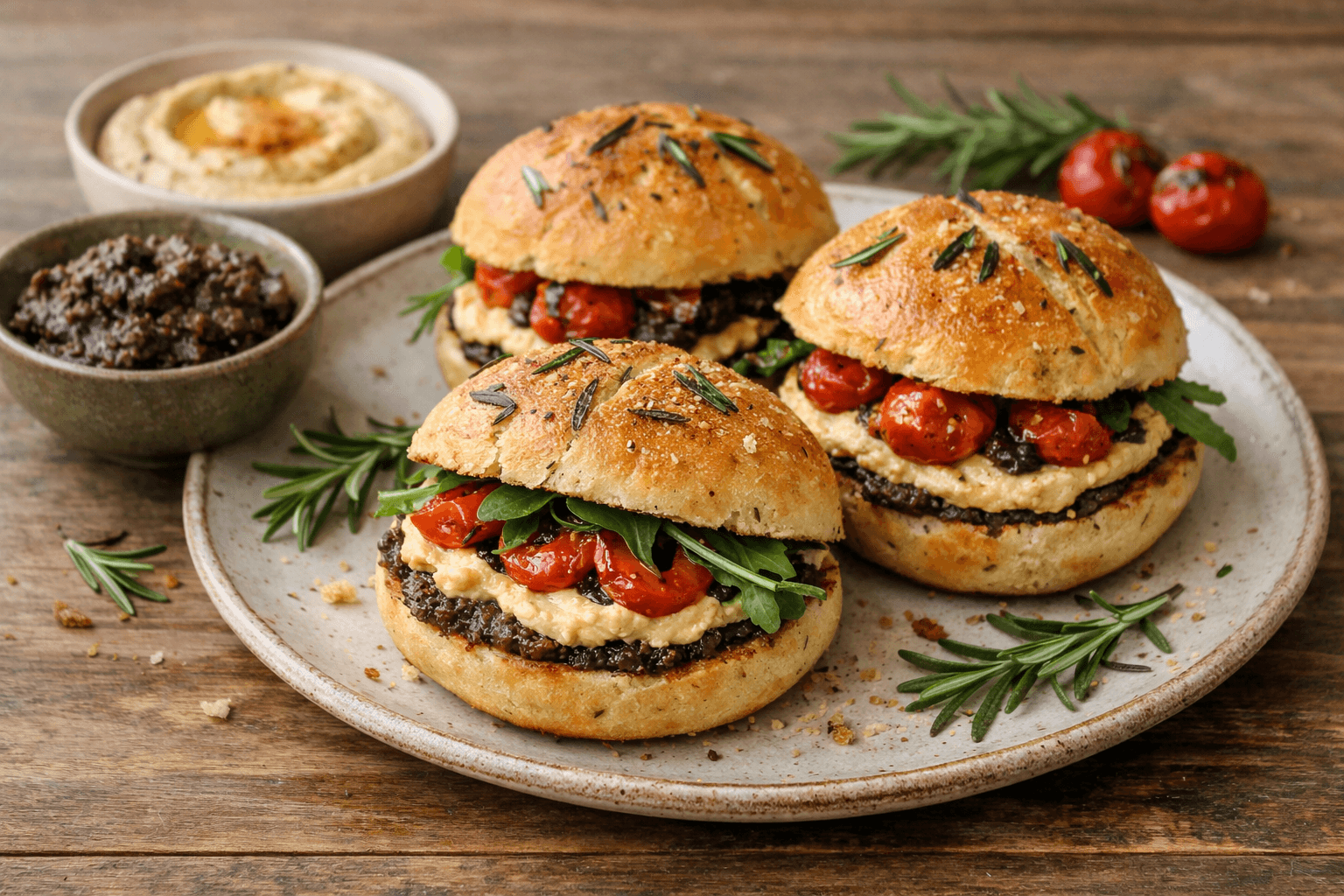 Panini gourmet al rosmarino con tapenade e hummus