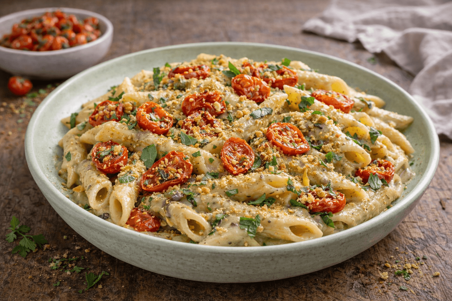 Penne con crema di melanzane e pomodorini confit