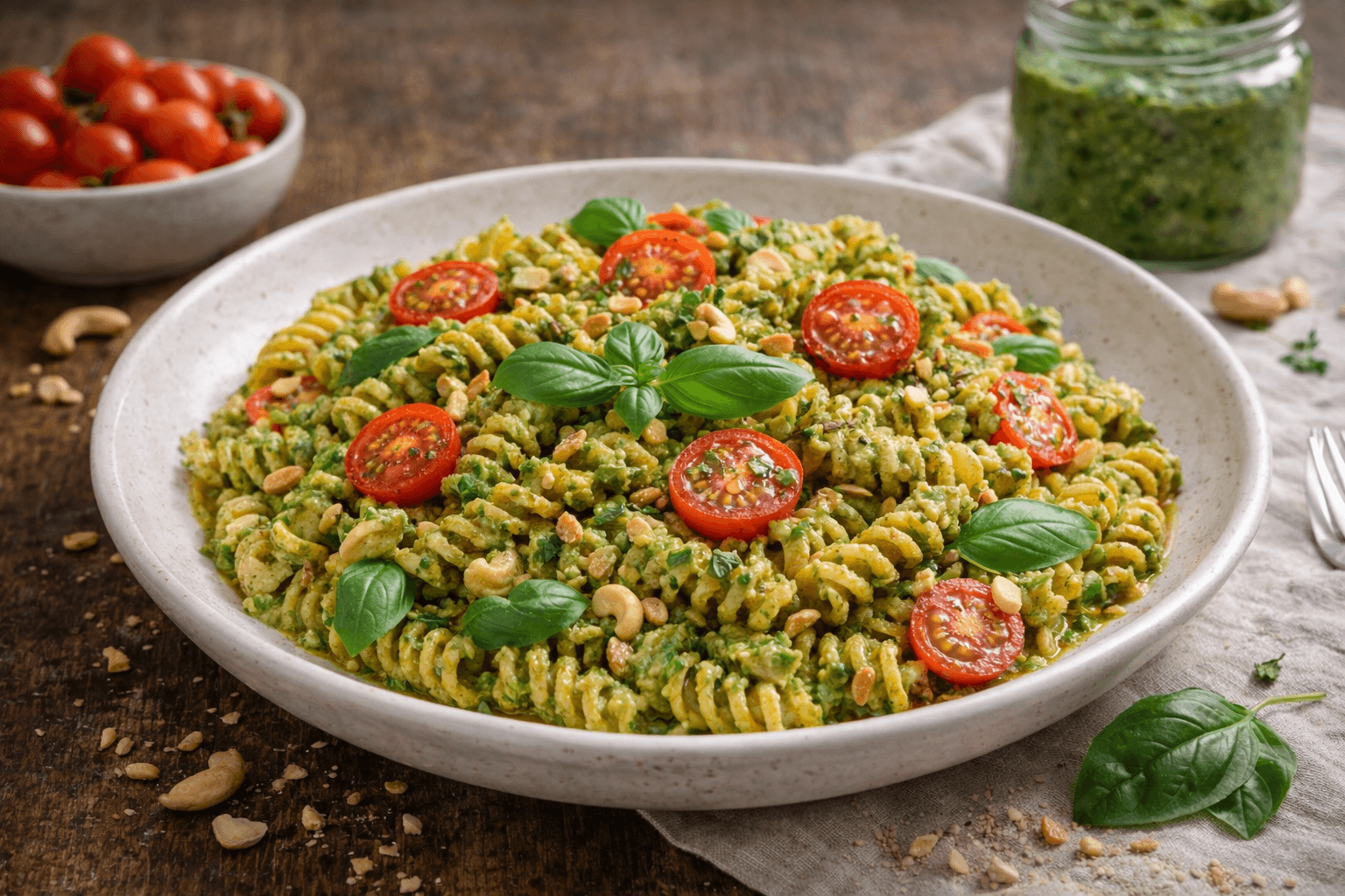 Pasta integrale al pesto di basilico e anacardi