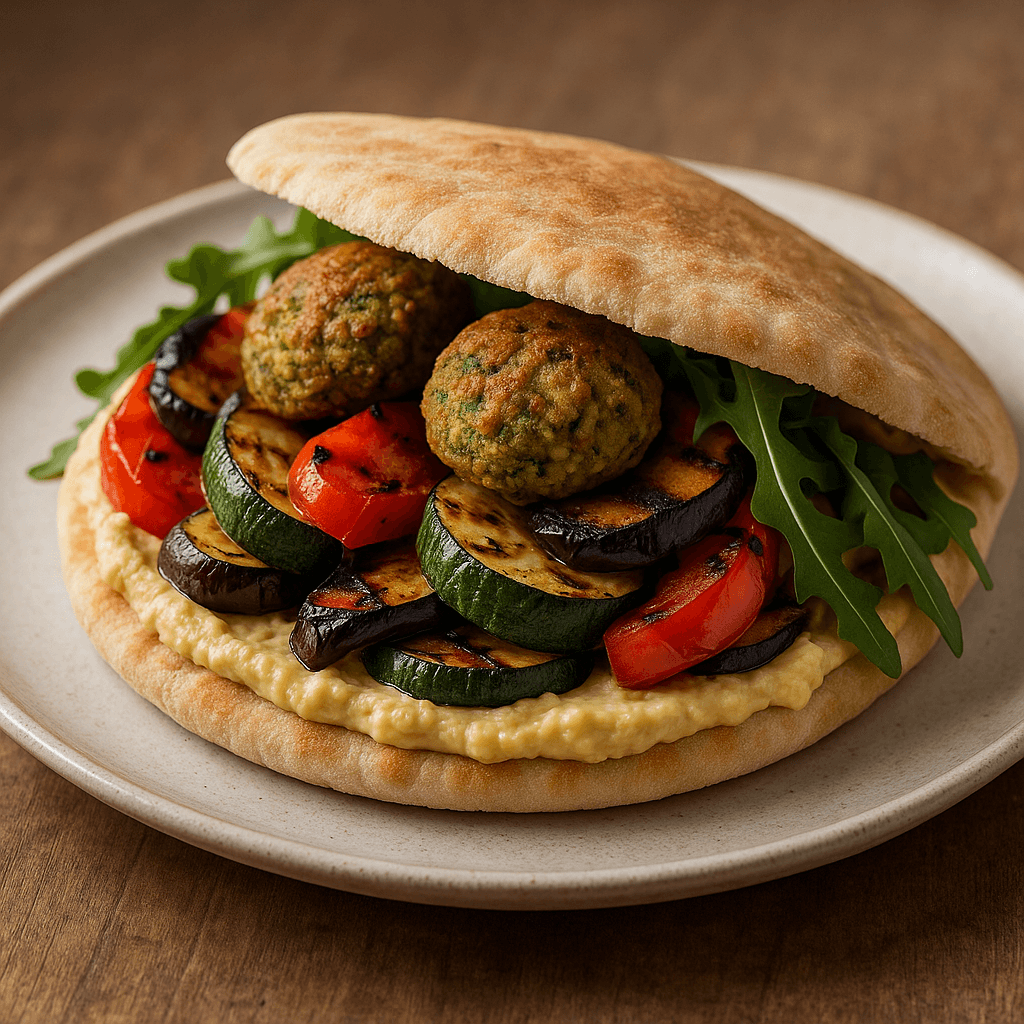 Pita ripiena con hummus, verdure grigliate e falafel al forno