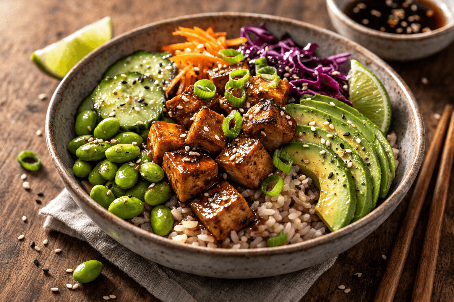 Poke bowl di riso integrale con tofu marinato, avocado e edamame