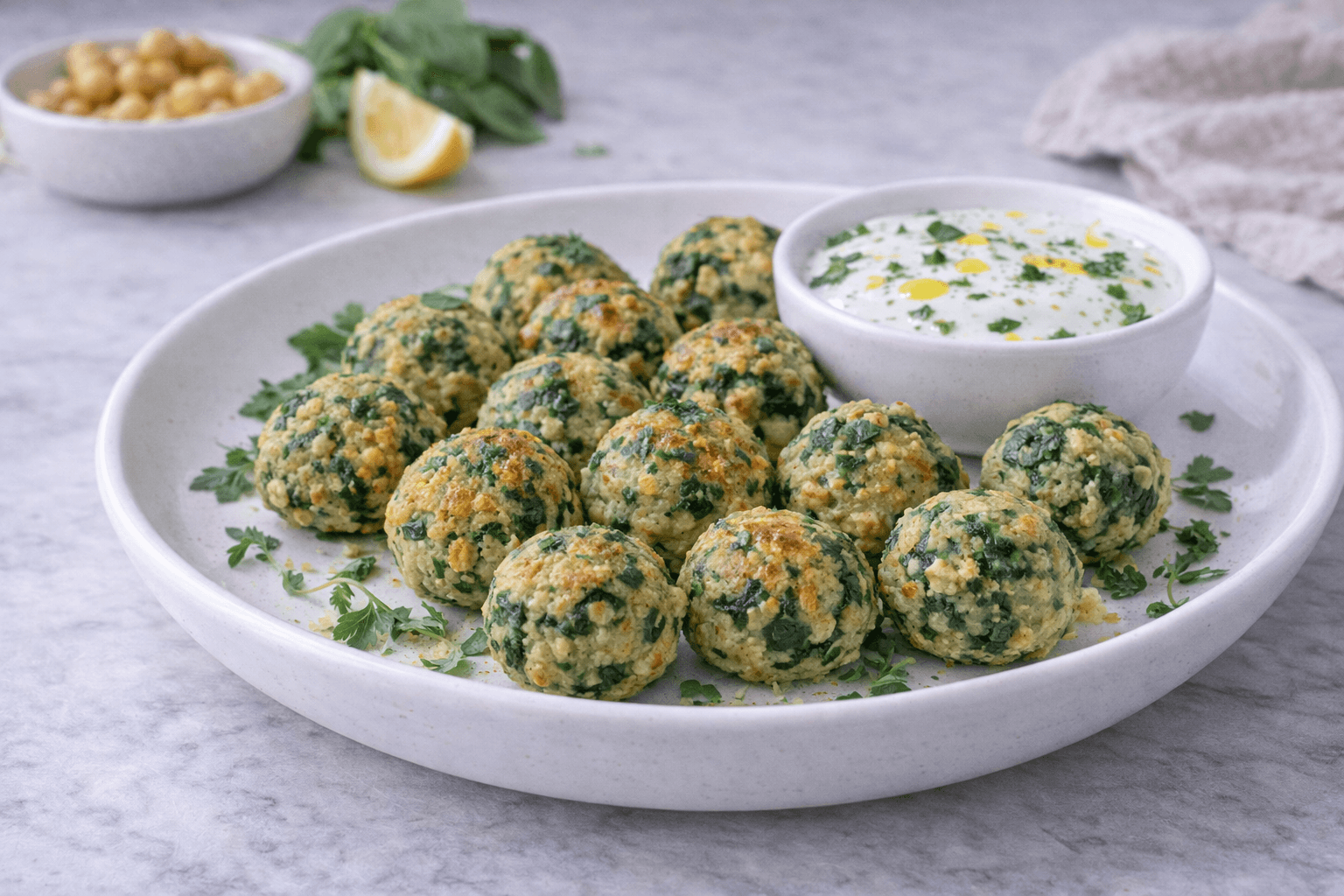 Polpettine di ceci e spinaci con salsa allo yogurt di soia