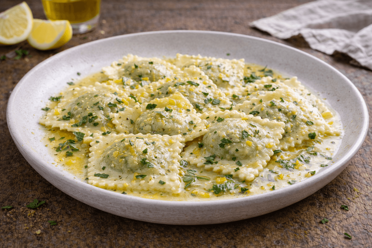 Ravioli ripieni di crema di piselli e menta con salsa al limone