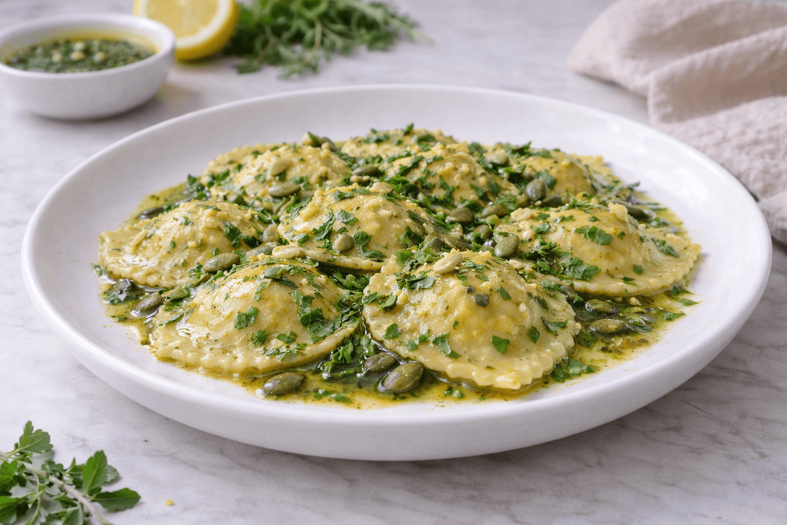 Ravioli ripieni di zucca con salsa alle erbe