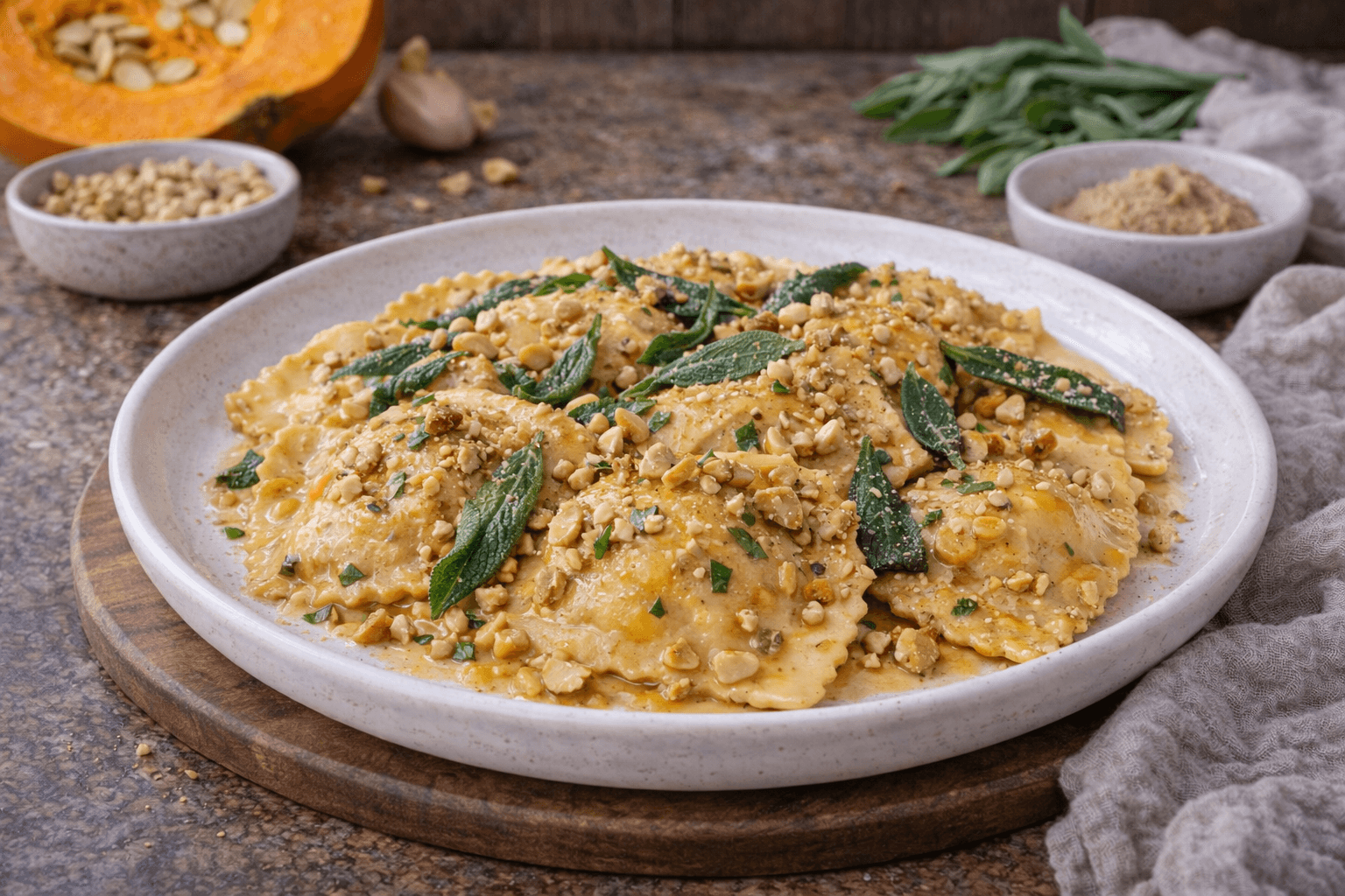 Ravioli ripieni di zucca e salvia al burro di nocciole