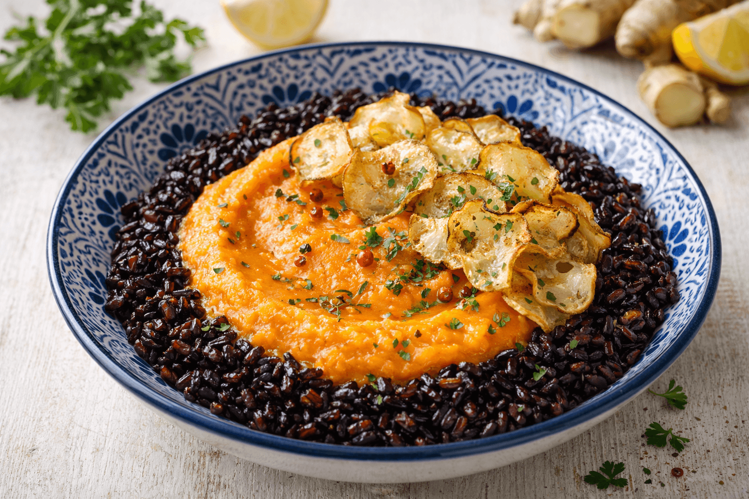 Riso Venere con crema di carote allo zenzero e chips di topinambur