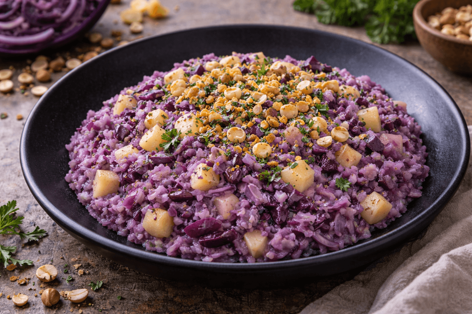 Risotto al cavolo rosso e mele con nocciole tostate
