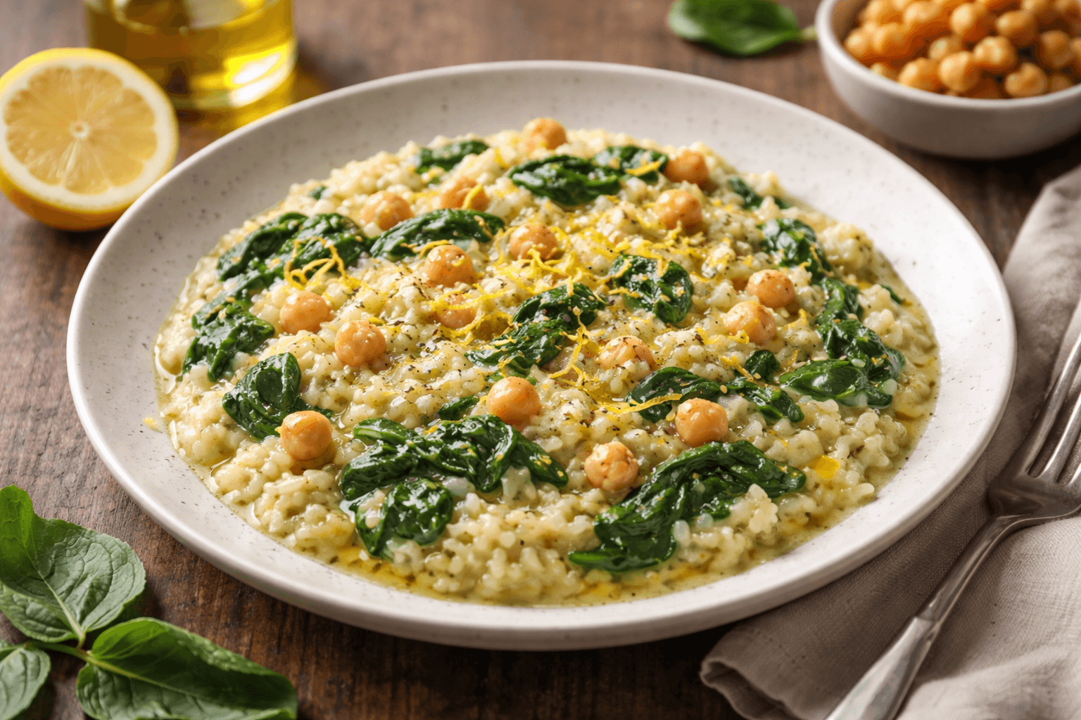 Risotto cremoso di ceci e spinaci al limone