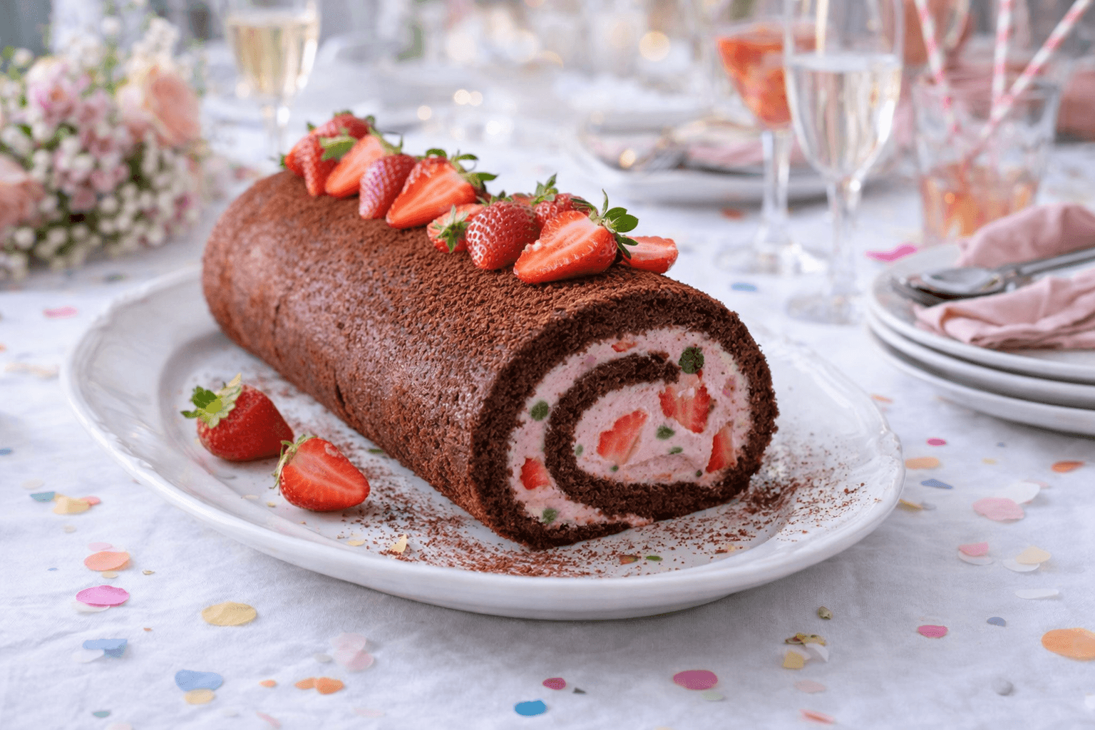 Rotolo soffice al cacao con crema alle fragole