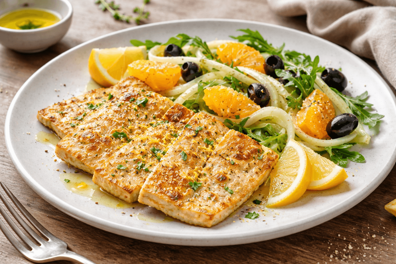 Scaloppine di tofu al limone con insalata di finocchi e arancia