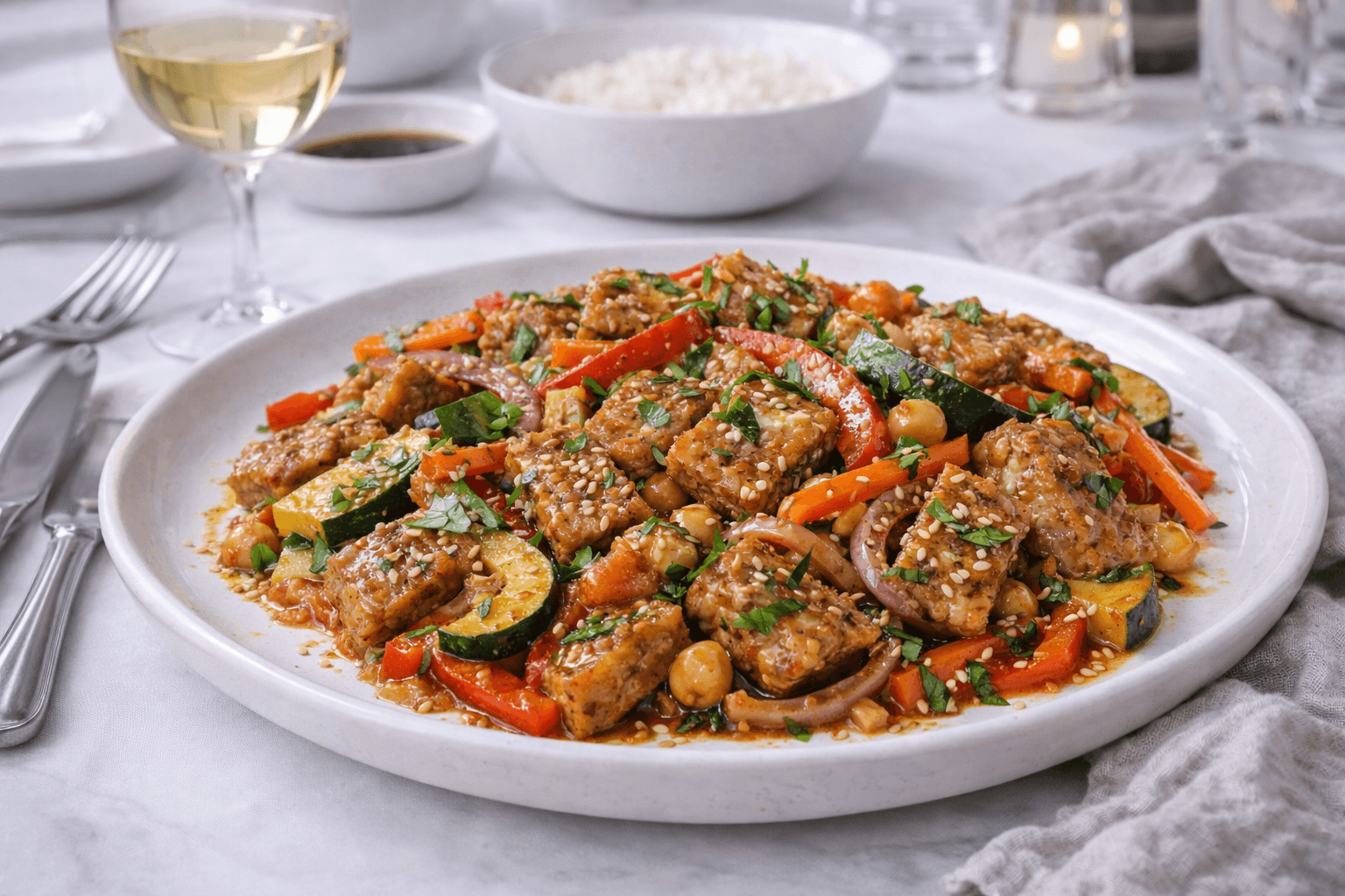 Seitan al sesamo in padella con verdure croccanti