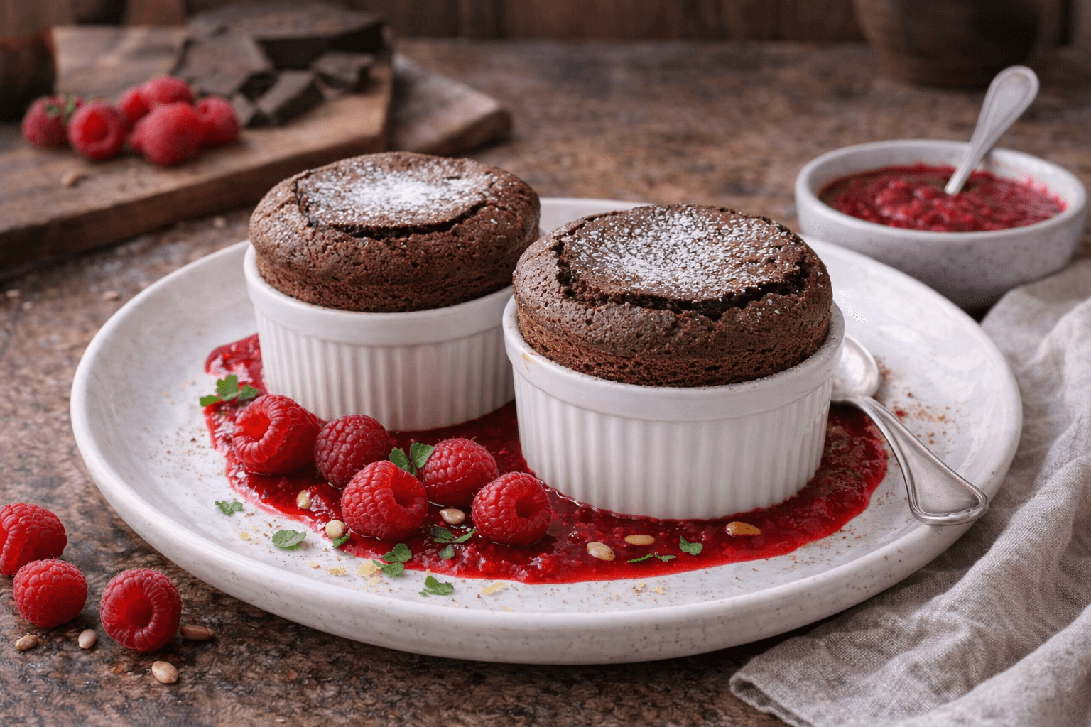 Soufflé al cioccolato con aquafaba e coulis di lamponi