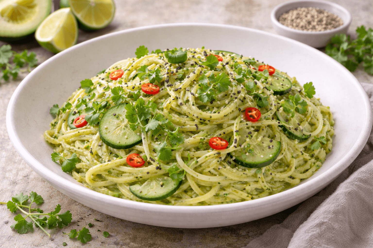 Spaghetti di riso con crema di avocado, lime e peperoncino